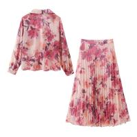 BUNO-Conjunto de dos piezas con estampado floral y manga larga para mujer, camisa informal con una hilera de botones y falda plisada de cintura alta - details 10