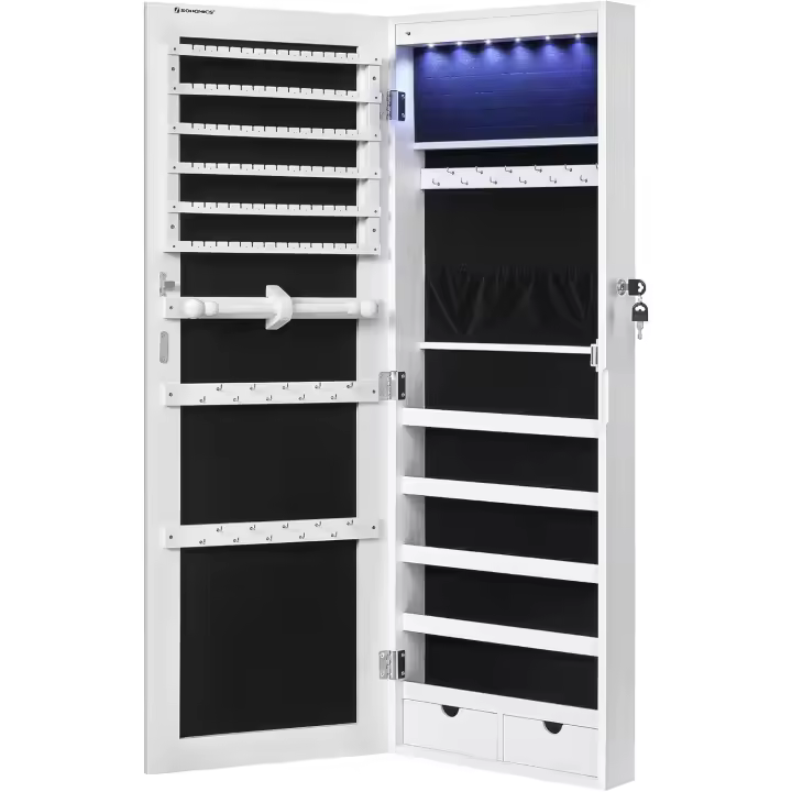 Espejo Joyero de Pared, Espejo Joyero Colgante sin Marco, Armario de Joyas con 6 LEDs para Colgar en la Pared o en la Puerta, Gran Capacidad con 2 Cajones, Blanco JJC99WT - 1