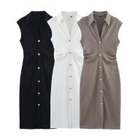 TRAFZA elegante vestido de oficina para mujer ajustado por debajo de la rodilla liso sin mangas con cintura de un solo pecho diseño plisado solapa vestido de verano para mujer - details 1