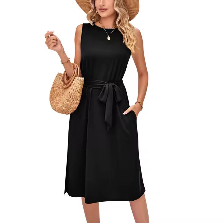 Camiseta estampada sin mangas para mujer, falda informal de playa con bolsillo, elegante, vacaciones - 1
