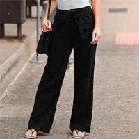 Pantalones de mujer Pantalones casuales con cordones de algodón y lino Pantalones de pierna con banda elástica Pantalones rectos de mujer - details 4