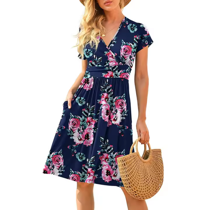 Vestido de longitud media con estampado de bolsillos y manga corta para mujer europea y americana - 1