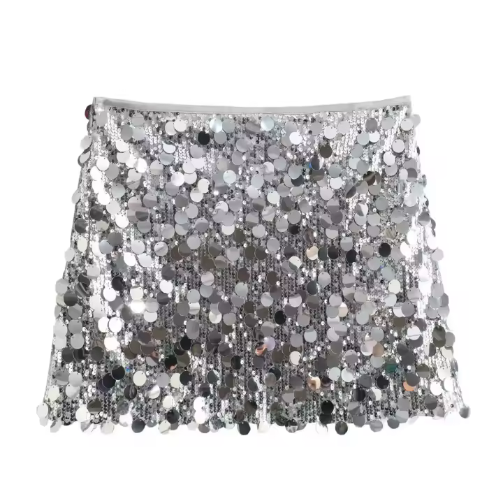 Minifalda con lado liso y lentejuelas para mujer, elegantes faldas de cintura alta para mujer - 1