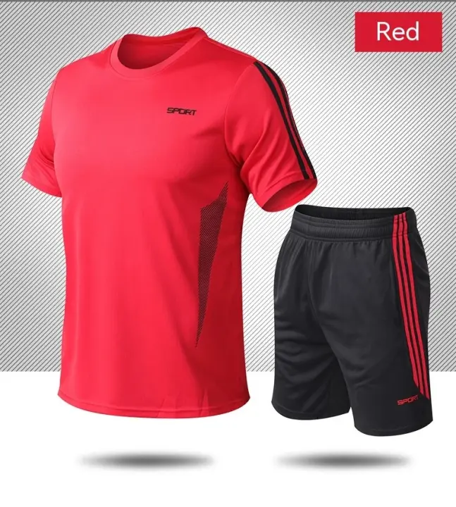Conjunto deportivo de verano con tres rayas, pantalones cortos de manga corta, holgados para correr, secado rápido y transpirable - 1