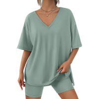 Ropa de descanso para mujer, conjunto de 2 piezas, camiseta de manga corta de gran tamaño, chándal de playa, pantalones cortos, conjunto S-XXL - details 4