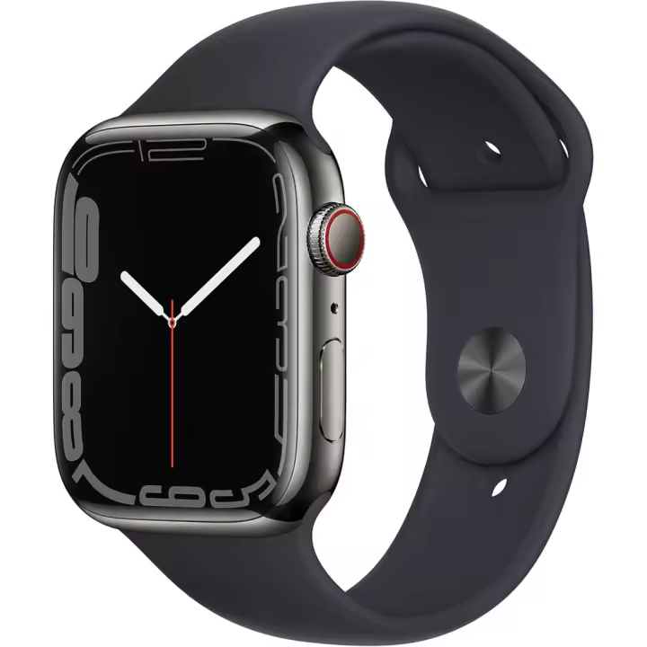 Apple Watch Series 7 (GPS + Cellular, 45MM) Caja de acero inoxidable grafito con correa deportiva Midnight (renovada) - 1
