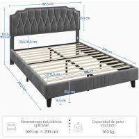 Tapizado en terciopelo Cama de matrimonio con cabecera ajustable en altura Marco de cama Soporte con listones de madera 160 × 200 cm Beige - details 28