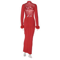 Vestido largo rojo de retazos de piel para mujer, ropa de calle ajustada con manga, artículos al por mayor para negocios, otoño 2024 - details 8