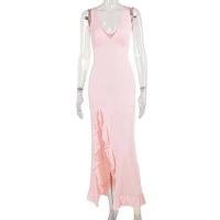 Vestido Maxi de Verano Elegante sin Mangas con Volantes Sexys Cuello en V Profundo, Espalda Alta, Abierto hasta la Coxa - details 0