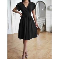 Vestido Elegante De Verano Con Cuello En V Y Manga Flor De Polyester Spandex A-Line Para Mujer Estilo Oficina Lady Longitud De Rodilla - details 5