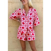 Conjunto de Moda para Mujer Camisa con Estampado Geométrico, Top y Pantalón, Traje con Borla, Manga Corta, Blusa con Bolsillo, Pantalones Cortos Elásticos de Cintura Alta, Traje de Playa - details 1