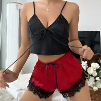 Pijama de verano fino sin mangas y espalda descubierta, conjunto de tirantes con pantalones cortos con cordones y encaje de seda helada, conjunto de dos piezas para estar en casa - details 3