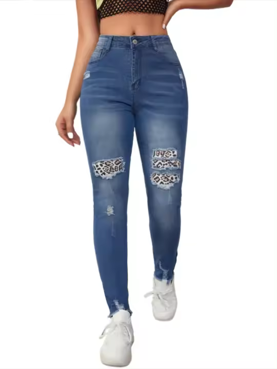 Pantalones vaqueros de moda con estampado de leopardo, pantalones ligeros para mujer, mezclilla retro de primavera - 1