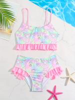 Conjunto de bikini de concha rosa para niñas, traje de baño informal con tirantes de espagueti y detalles de volantes, tejido de punto elástico de estiramiento medio, poliéster y elastano, para edades de 8 a 12 años, ideal para vacaciones en la playa y - details 0