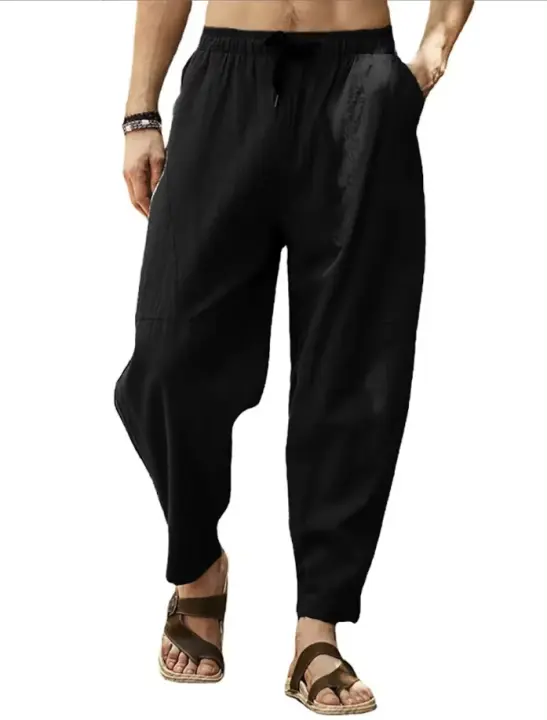 Pantalones de hombre de lino y algodón, transpirables, de color liso, informales, para correr, primavera y verano. - 1