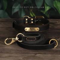perro cuero auténtico, conjunto de Collar personalizado mascotas correa, placa con grabado gratis para perros pequeños, medianos - details 6