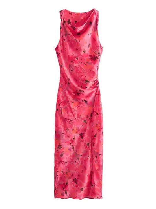 BUNO-Vestido de verano sin mangas con estampado floral vintage para mujer, vestido midi elegante de satén con abertura, cuello descubierto, fiesta de invitados de boda, novedad de 2025 - 1