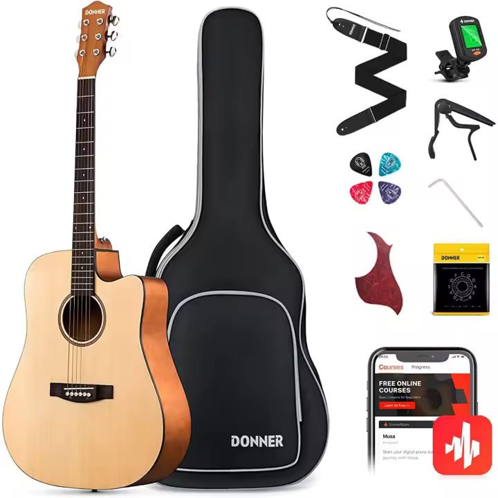 Guitarra Acústica 4/4 para Adulto Principiantes Guitarra Kit Cutaway 41 Pulgadas Dreadnought con con Afindar Cuerdas Capo Natural - 1