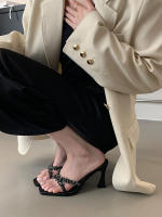 Pasarela tacones altos sandalias abiertas de satén con diamantes de imitación de lujo moda cabeza cuadrada zapatos de mujer versátiles - details 10