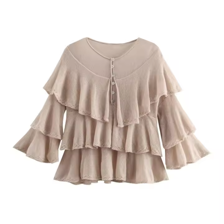 OUWU- Tops De Punto En Capas Para Mujer, Cuello Redondo, Manga Larga, Botonadura Sencilla, Dobladillo Suelto, Primavera Y Verano, Nuevos Tops Casuales Y Elegantes - 1