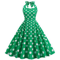 estilo impreso años 50 lunares cuello colgante, vestido pequeño de longitud media, vestido - details 3