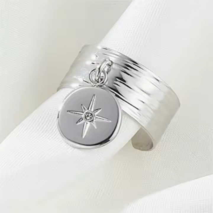 Anillo Abierto con Diseño de Sol Oro y Plata Piedra de Cristal Brillante Ancho para Dedo - 1