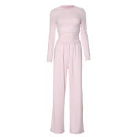 Conjunto de pantalón de pierna ancha y top de manga larga básico de color sólido nuevo de otoño para mujer Y24593 - details 22