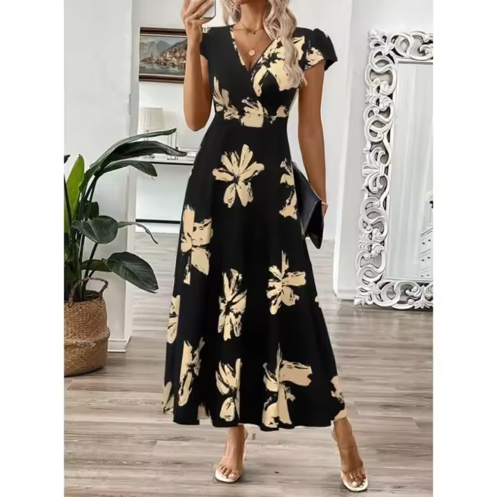 Vestido con borde de volantes y cuello en V estampado a la moda de verano 2025 para mujer - 1