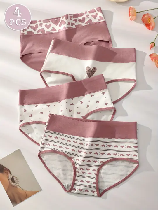 4 piezas de bragas con estampado de corazón, cómodas y transpirables, estampado rosa, lindas, ajuste ceñido, cintura media-alta para mujer. - 1