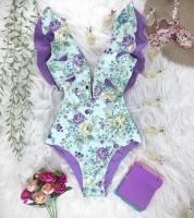 Traje de Baño de Una Pieza con Cuello en V y Estampado Floral Traje de Baño de Playa Tropical de Verano para Mujeres No Aceptable para Bebidas - details 2