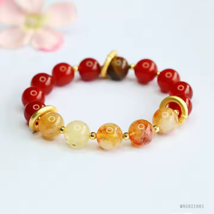 Nezha mismo estilo natural pedra vermelha mão corda amarelo torre cristal pulseira - 1