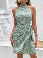 Vestido halter con cintura ceñida, sin mangas, fruncido y con lazo - details 4