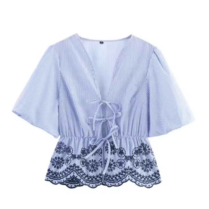 Conjunto de pantalones de pierna ancha para mujer, camisa a rayas con bordado hueco Retro francés, moda de verano - 1