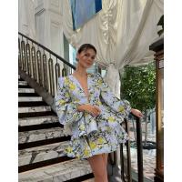 BUNO-Mini vestido estampado de manga acampanada con cuello en V para mujer, vestido plisado de cintura alta, vestido de fiesta de noche de verano, vestido de Club, moda Sexy - details 6