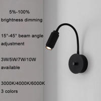 Luces LED de pared regulables, interruptor de perilla negra con ajuste de ángulo de haz de 15 °, 30 °, 45 °, 3W, 5W, 7W, 10W, lámpara LED de cuello de cisne para mesita de noche - details 8