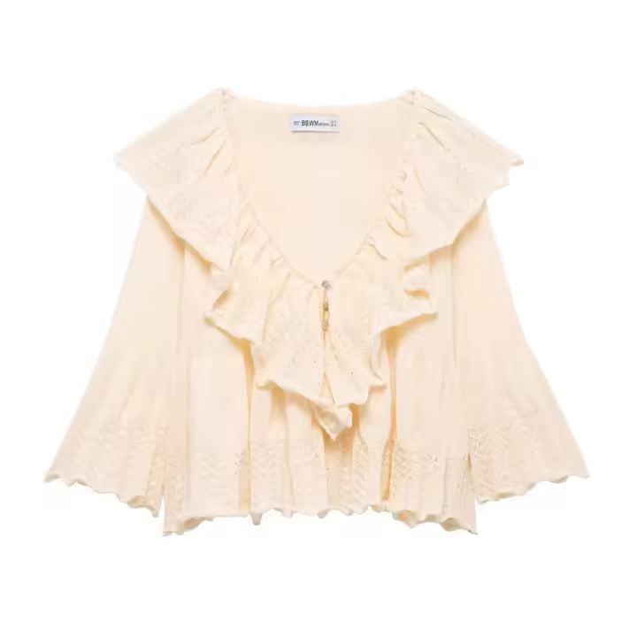 OUWU- Moda Para Mujer Con Botón, Jersey De Punto Con Volantes Beige, Suéter Vintage Con Cuello En V Y Mangas Largas, Tops Elegantes Para Mujer - 1