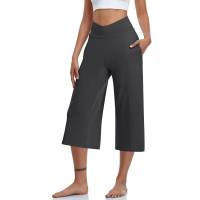 2024 primavera y verano mujeres elástico cintura alta 3/4 pantalón sólido Casual ajuste activo pantalones de pierna Capris anchos pantalones con bolsillos - details 55