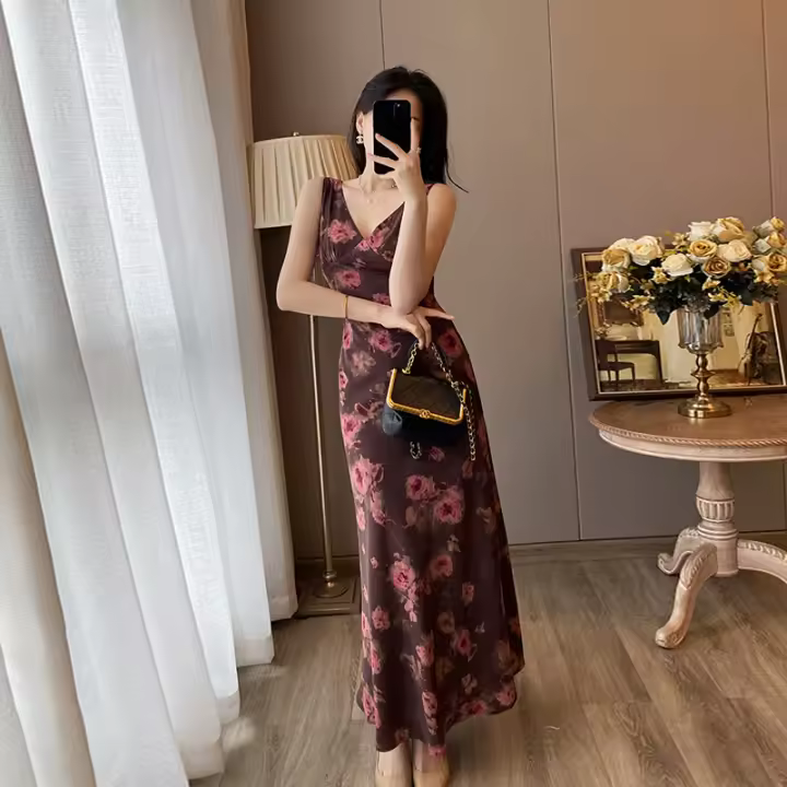 Vestido floral francés para mujer, nuevo diseño de verano, temperamento sin mangas, cintura alta adelgazante, falda larga de cola de pez - 1