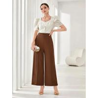 Pantalones de vestir coreanos elásticos cómodos y elegantes de cintura alta anchos de pierna recta marrón para mujer - details 1