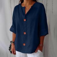 Camiseta de verano "Mujer 2025 con cuello en V, lino y algodón, holgada y transpirable, estilo boho-chic - Moda informal y elegante" "Mujer con cuello en V, algodón, transpirable, - Moda" - details 5