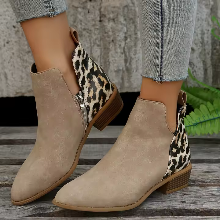 Botas de tacón bajo para mujer de gran tamaño Diseño de leopardo en cuero Puntiaguda trasera - 1