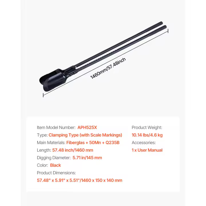 SucceBuy Excavadora de agujeros para postes de alta resistencia, mango de 57,5 pulgadas, excavadora manual con marcas de escala y hoja de metal para jardinería y exteriores - 1