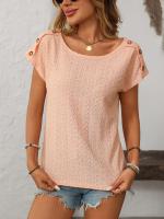 Camiseta de manga corta con botones y cuello redondo para mujer, Top hueco, Color sólido, novedad de primavera y verano 2025 - details 1
