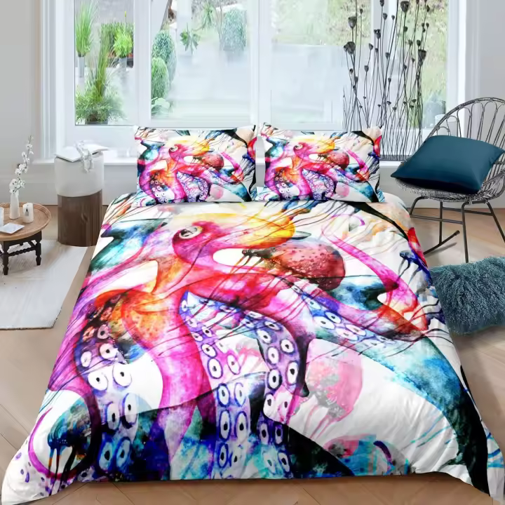 Funda de Edredón de Octopo Negro 3D Juego de Ropa de Cama de Mar de Poliéster para Niños y Adultos - 1