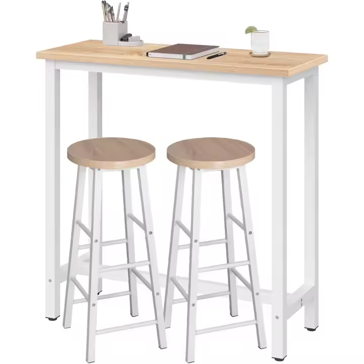 Conjunto de Mesa de Bar y Taburete de Metal Blanco Estructura de 140x40x100 cm para Cocina, Sala de Estar - 1
