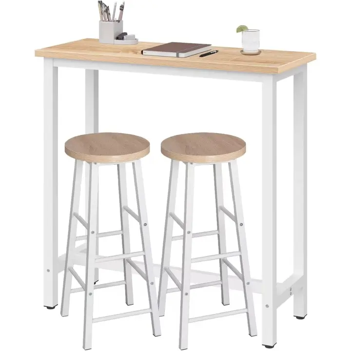 Conjunto de Mesa de Bar y Taburete de Metal Blanco Estructura de 140x40x100 cm para Cocina, Sala de Estar - 1