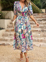 Vestido de verano de estilo callejero para mujer, traje elegante y Sexy con cuello en V, estampado de flores, mangas farol, largo, 2024 - details 4