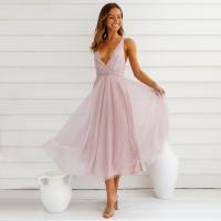 Vestido de tul Sexy profundo de verano para mujerVVestido Midi de tirantes finos con cuello sin espalda - details 7