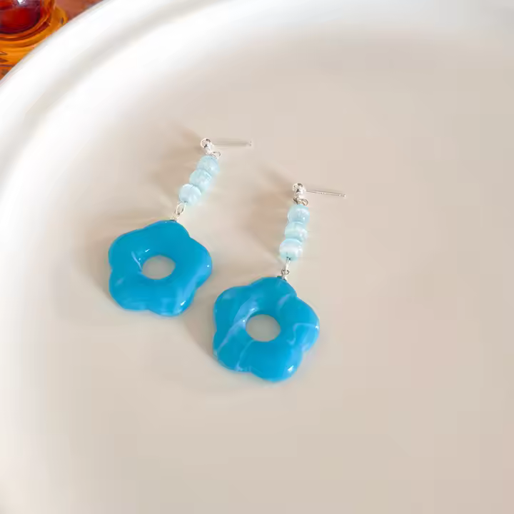 Pendientes de flor azul hueco cinco pétalos de zuimen atado con borlas pendientes de oído par - 1