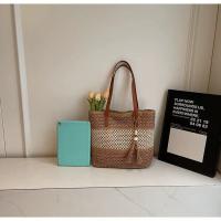 Bolso de hombro único de tejido hueco, nuevo bolso de moda con flecos, bolso de playa estilo vacaciones, bolso de paja de bloques de color - details 9